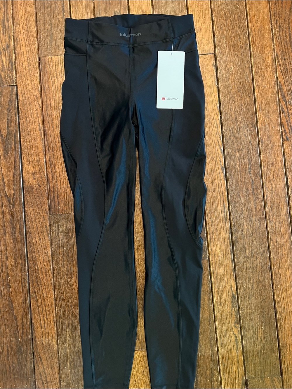 Lululemon Black Satin Shine Panelled Leggings Wordmark Size 4 NWT